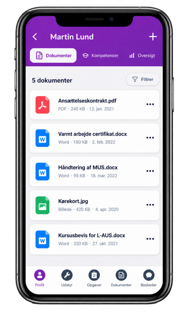 Medarbejderdokumentation i Ledoc med kursusbeviser, certifikater og kompetencer
