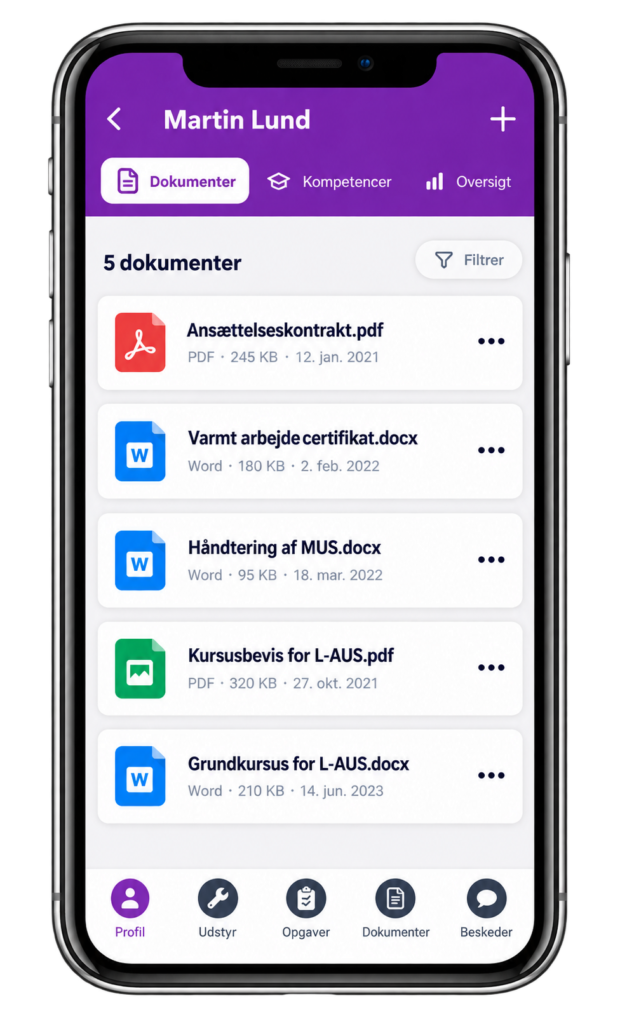 Medarbejderdokumentation i Ledoc med kursusbeviser, certifikater og kompetencedokumenter