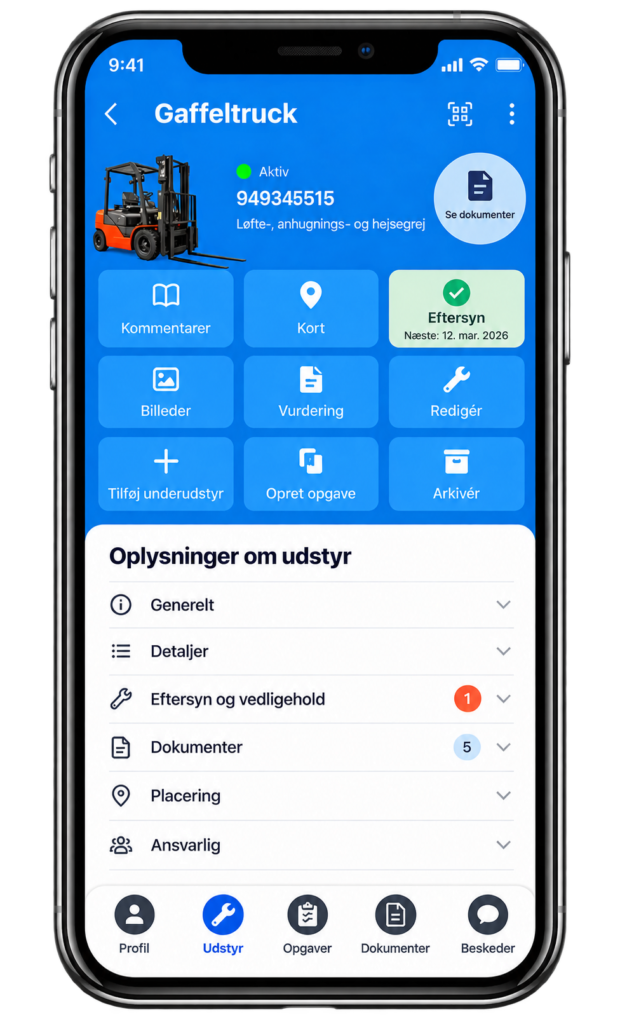 Eftersyn af løfteredskaber i Ledoc med overblik over gaffeltruck, næste eftersyn og dokumentation