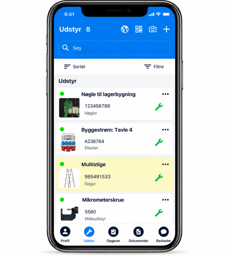 Udstyrsoverblik i Ledoc med status og kommende eftersyn