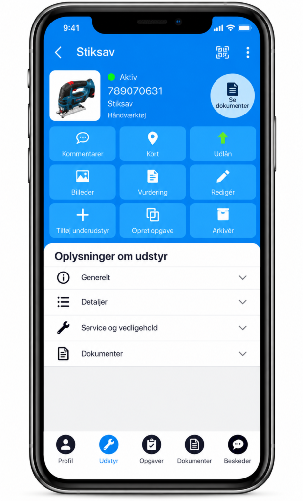 Elektrisk stiksav registreret i Ledoc med adgang til service, eftersyn og dokumentation