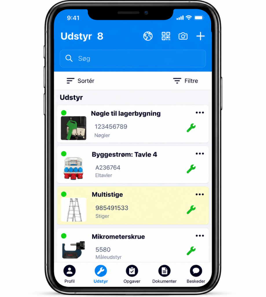 Udstyrsoverblik i Ledoc med status på eftersyn og vedligeholdelse
