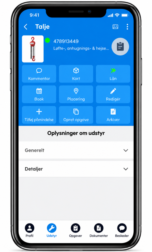 Talje registreret i Ledoc til eftersyn af hejseredskaber og spil