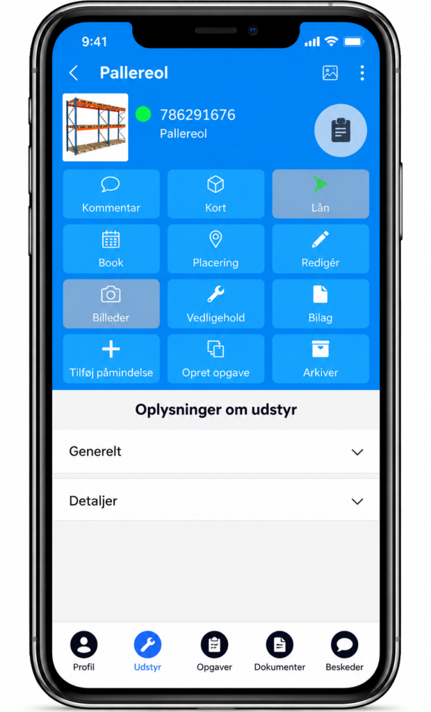 Pallereol til opbevaring på lager. I Ledoc kan virksomheden registrere pallereoler og holde styr på eftersynsfrister, skader, ansvar, placering, historik og relevant dokumentation.