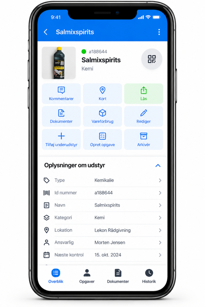 Tilknyt en unik QR-kode til et kemikalie, så medarbejderne kan scanne koden med mobilen og gå direkte til de registrerede oplysninger i Ledoc. Herfra kan de hurtigt finde eksempelvis sikkerhedsdatablad, instruktion og kemisk risikovurdering.